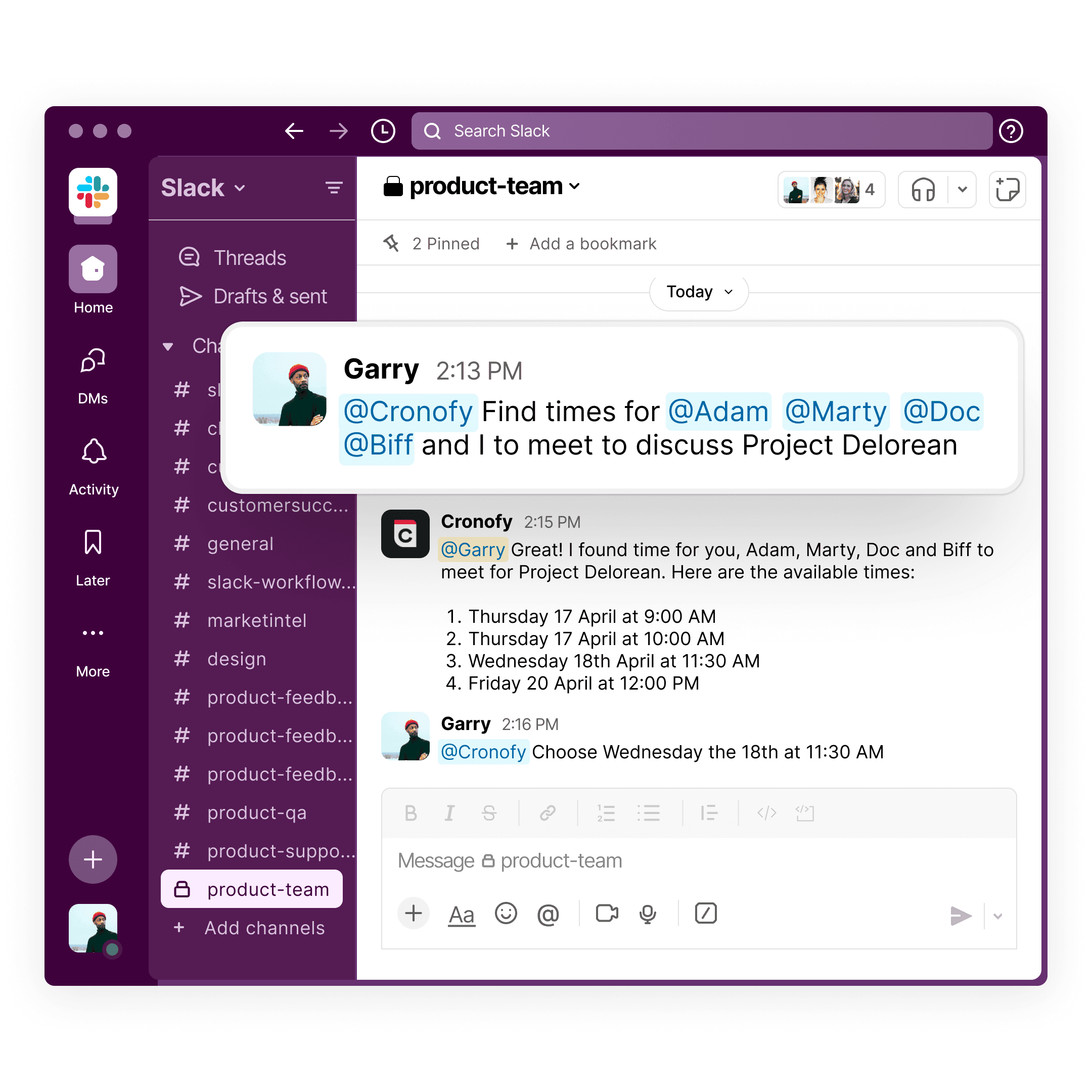 Multi-person, multi-timezone scheduling in Slack